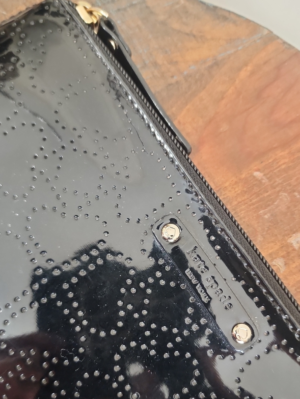 Kate Spade New York Jaquard Print Floral Black Studded Paient Leather Zip Pouch - Picture 3 of 10